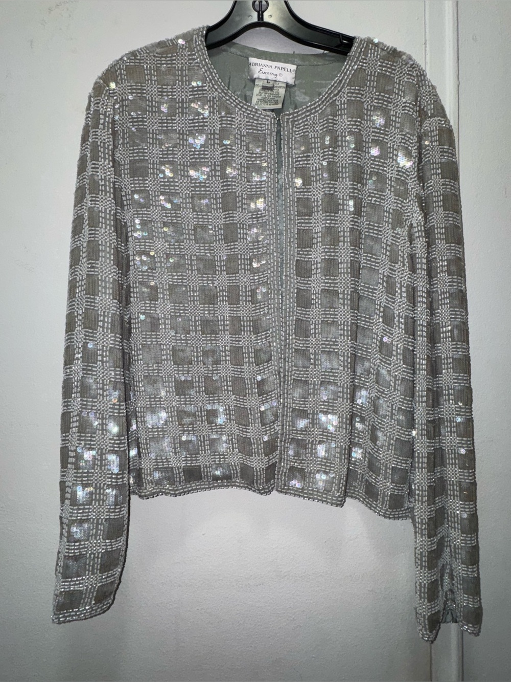 Adrianna Papell Evening Silver Sequined Beaded Grid Knit Jacket Large